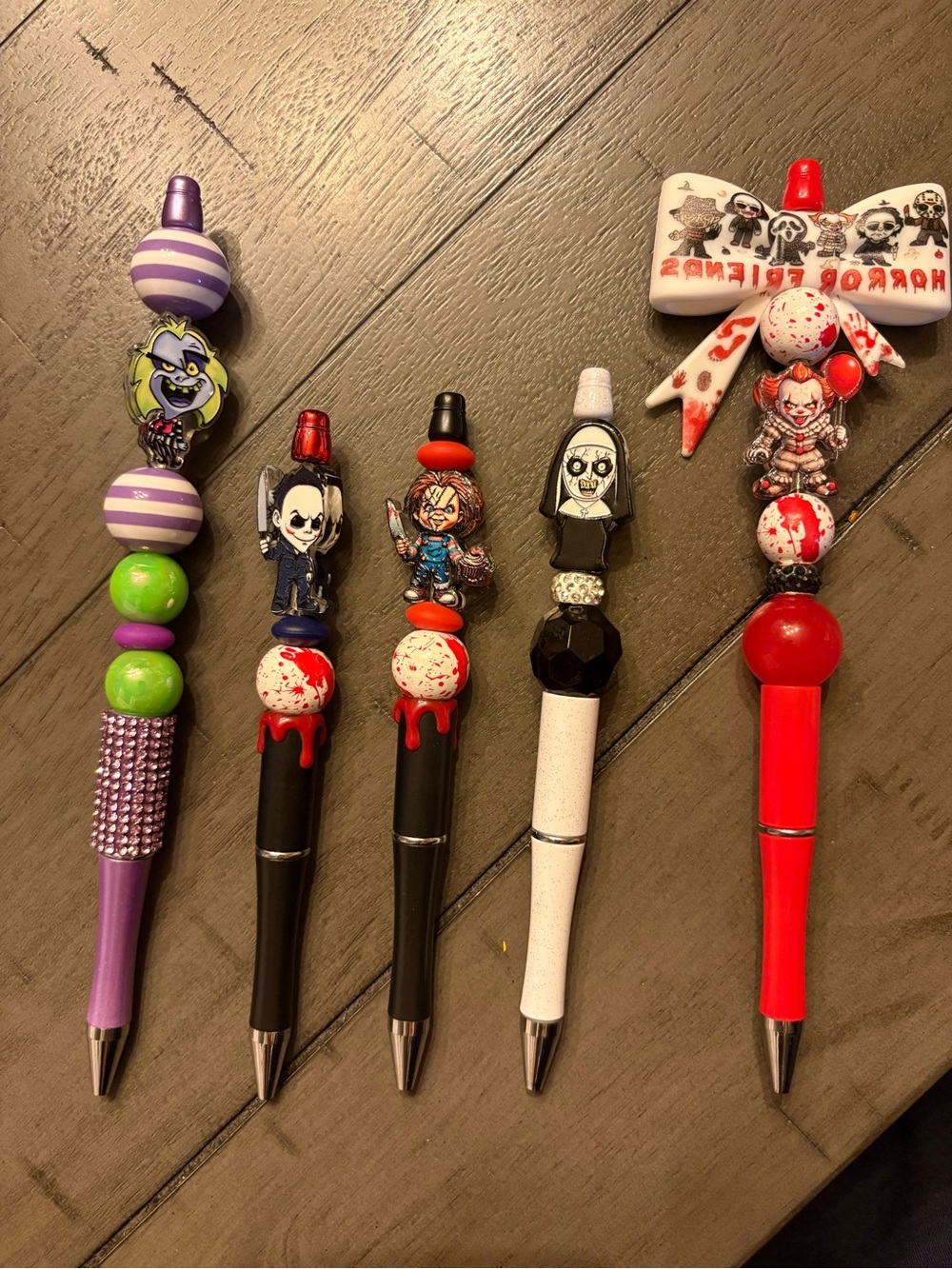 Horror Character Bead Pens - Purple, Green, Black, White, Red